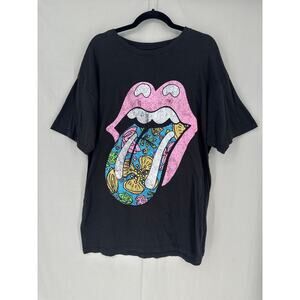 Rolling Stones Shirt Womens Large Black Pink Graphic Tee Colorful Music Band